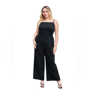 CIDER Black Wide Leg Crop Jumpsuit 0XL 12/14 Smocked Back Pockets